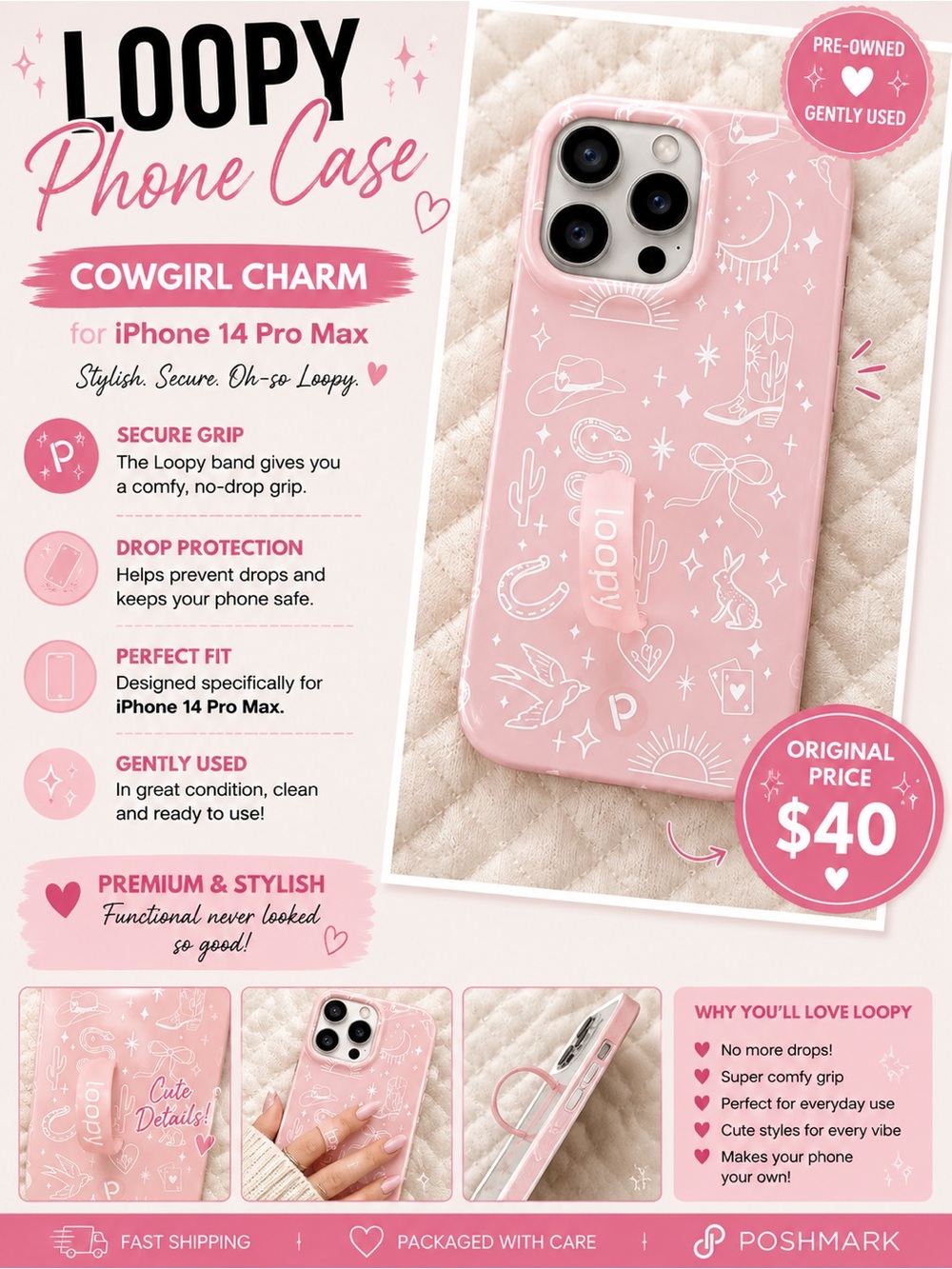 Loopy Case Cowgirl Charm Pink Phone Case with Loop Band for iPhone 14 Pro Max
